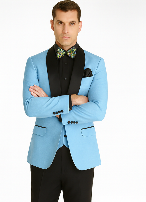 Unique Prom Suits - Interesting Fun - Men's Slim Fit Vested Paisley Light Blue Wedding Tuxedo