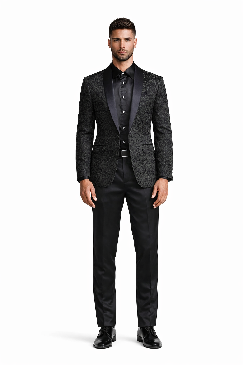 Unique Prom Suits - Interesting Fun - Men's Slim Fit Wedding & Prom Tonal Paisley Black Tuxedo