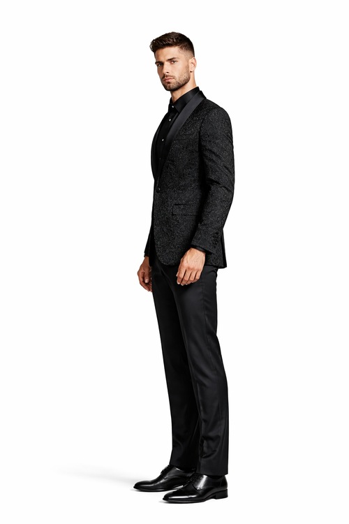 Unique Prom Suits - Interesting Fun - Men's Slim Fit Wedding & Prom Tonal Paisley Black Tuxedo