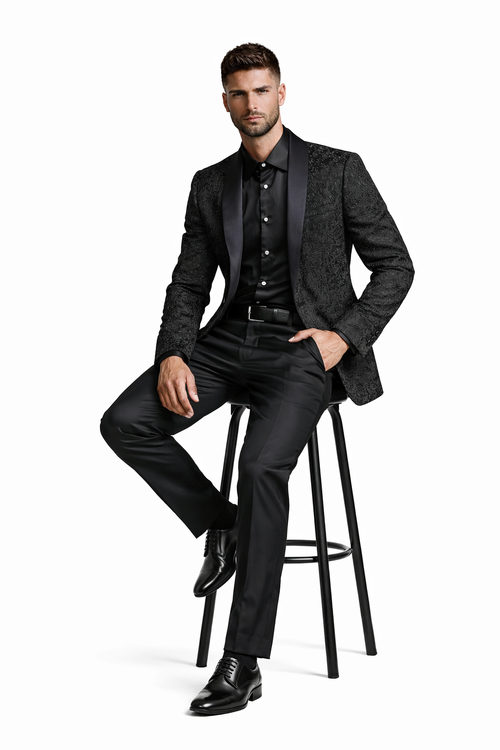 Unique Prom Suits - Interesting Fun - Men's Slim Fit Wedding & Prom Tonal Paisley Black Tuxedo