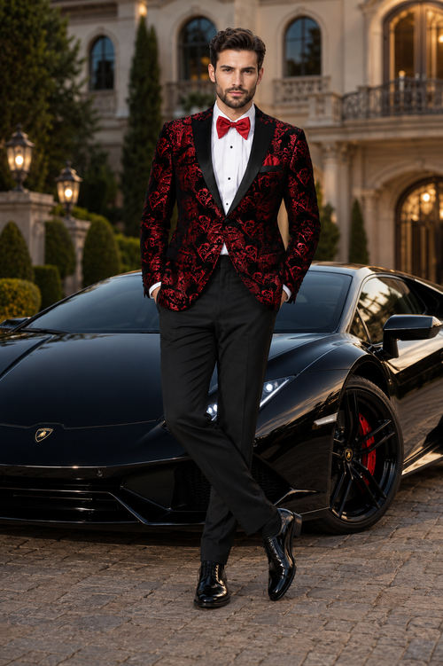 Unique Prom Suits - Interesting Fun - Men's Modern Fit Velvet Floral Paisley Foil Red and Black Tuxedo Jacket