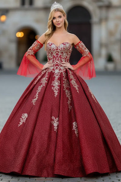 Burgundy & Gold Quinceanera Gown by Elizabeth K GL1912