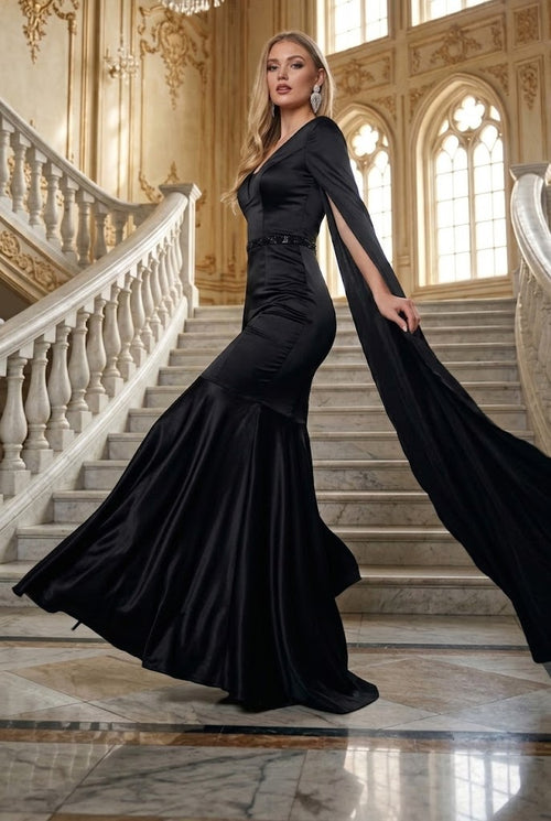 V-Neck Cape Sleeve Mermaid Formal Evening Dress