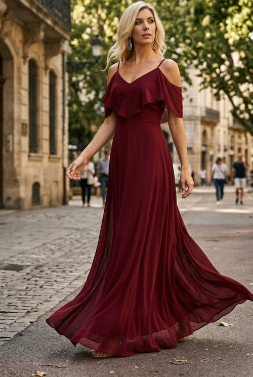 Cold Shoulder Long Simple Elegant Bridesmaid Dress