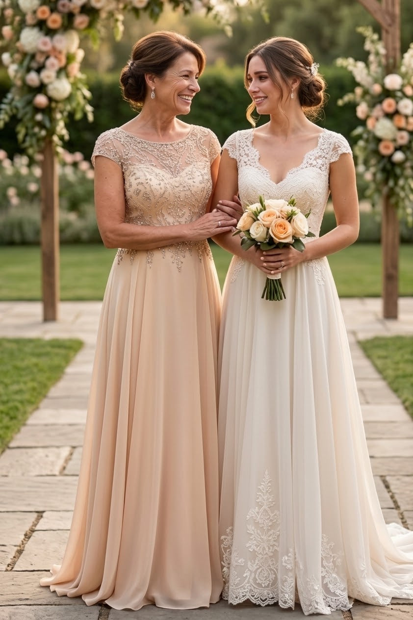 Deklaire K311 Chiffon A-Line Gown with Cap Sleeves – Mother of the Bride Dress