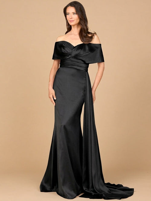 Lara 28945 Off Shoulder Satin Formal Dress Long Side Cape Mother of the Bride Dress