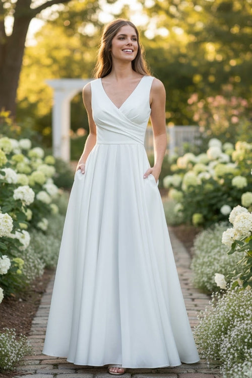 Lenovia 5242 Side Pockets A-line Shiny Long Simple Formal Evening Gown