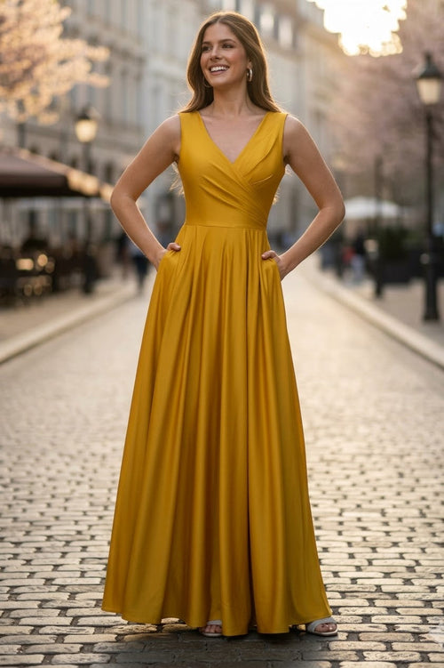 Lenovia 5242 Side Pockets A-line Shiny Long Simple Formal Evening Gown