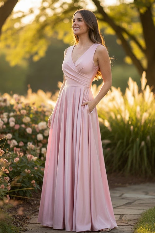 Lenovia 5242 Side Pockets A-line Shiny Long Simple Formal Evening Gown