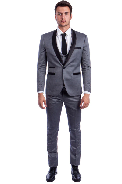 Designer Gray Prom Tuxedo - Grey Wedding Low Cut Suit