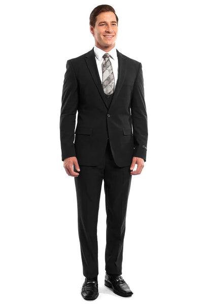 Men's One Button Peak Lapel Skinny Wedding Prom Suit with Lowcut Vest in Black - Men's Tuxedo USA