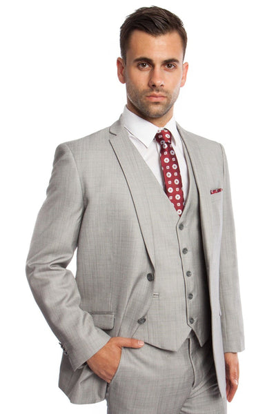 Men's Light Grey Vested Business Suit by Tazio