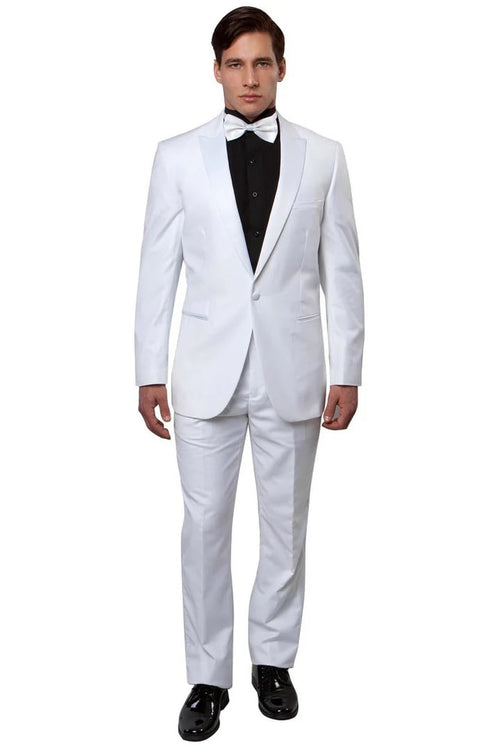 All White Mens Tuxedo - Wedding Suit - Men's Slim Fit One Button Peak Lapel Wedding Tuxedo In White - Men's Tuxedo USA