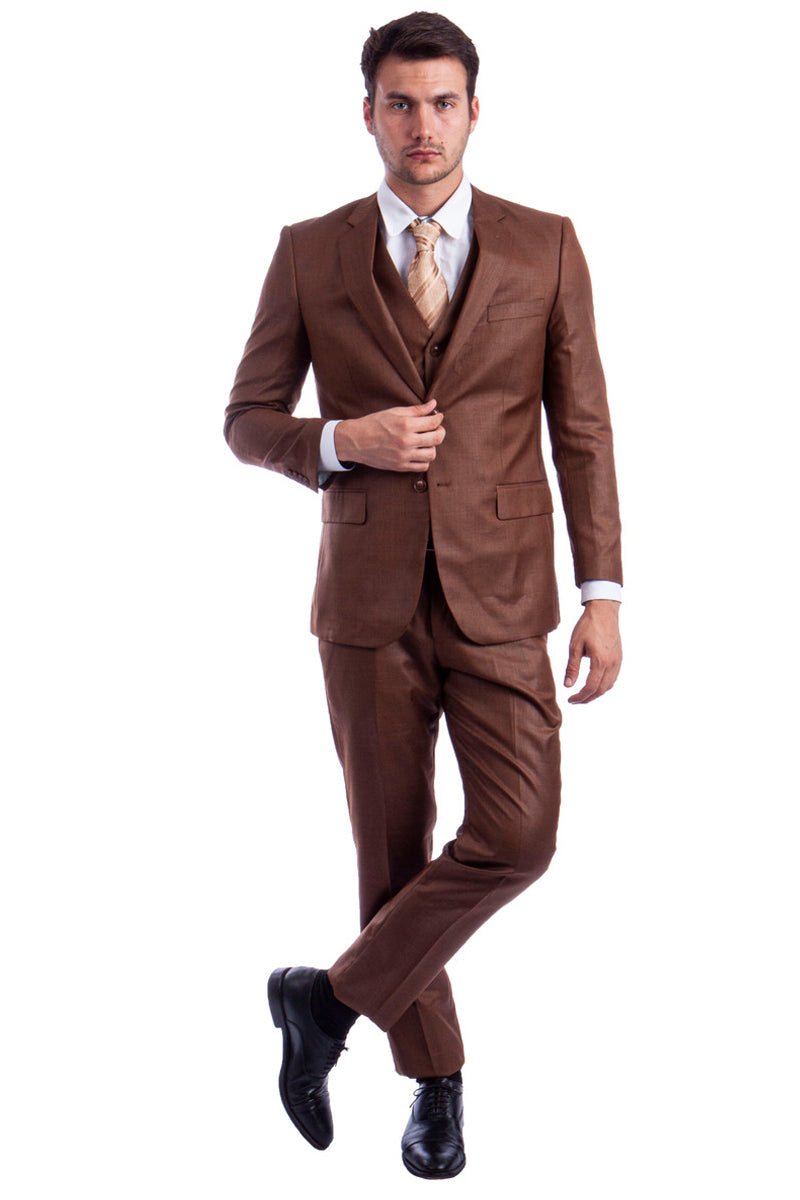 Men's Cognac Sharkskin Suit by Tazio Suits