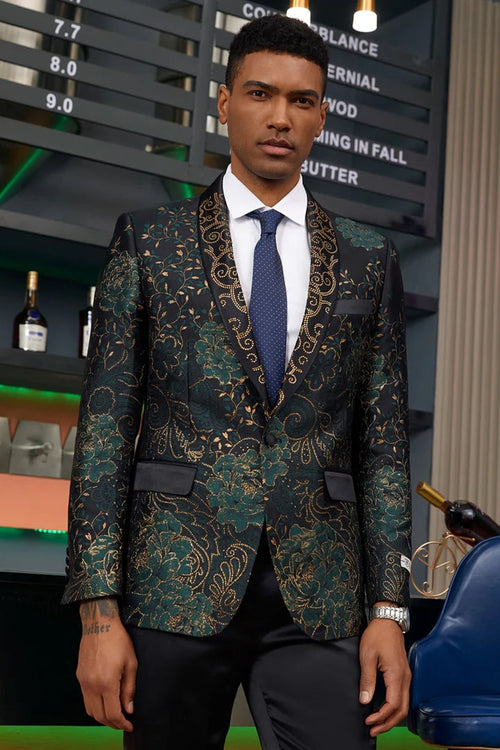 Green/Gold Prom Tuxedo Suit - Green/Gold Wedding Suit - Men's Stacy Adam's Designer Prom & Wedding Tuxedo Jacket In Green & Gold Floral Paisley PROMTUXEDO