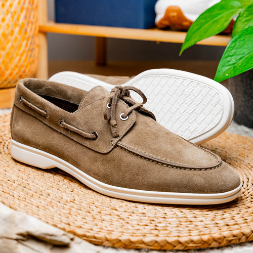 Zelli Venice Hand-Stitched Sueded Goatskin Boat Shoe in Taupe