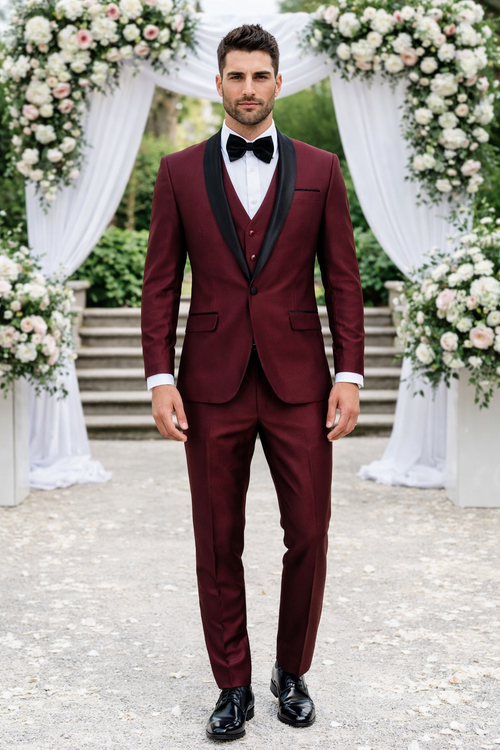Versailles Burgundy Formal Tuxedo – 1-Button Shawl Lapel 3-Piece