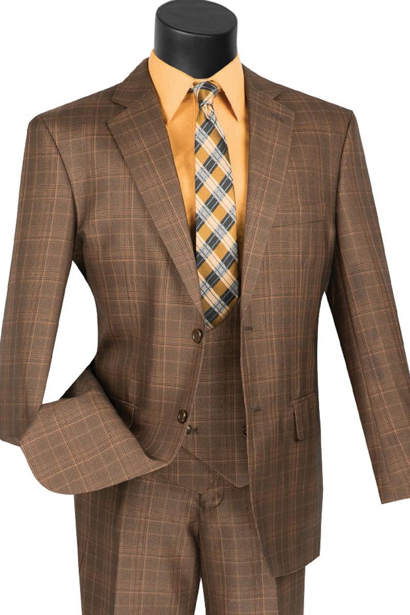 Vinci Brown Plaid 2-Button Suit with Peak Lapels & Windowpane Design. - Elegant Mensattire – SuitUSA