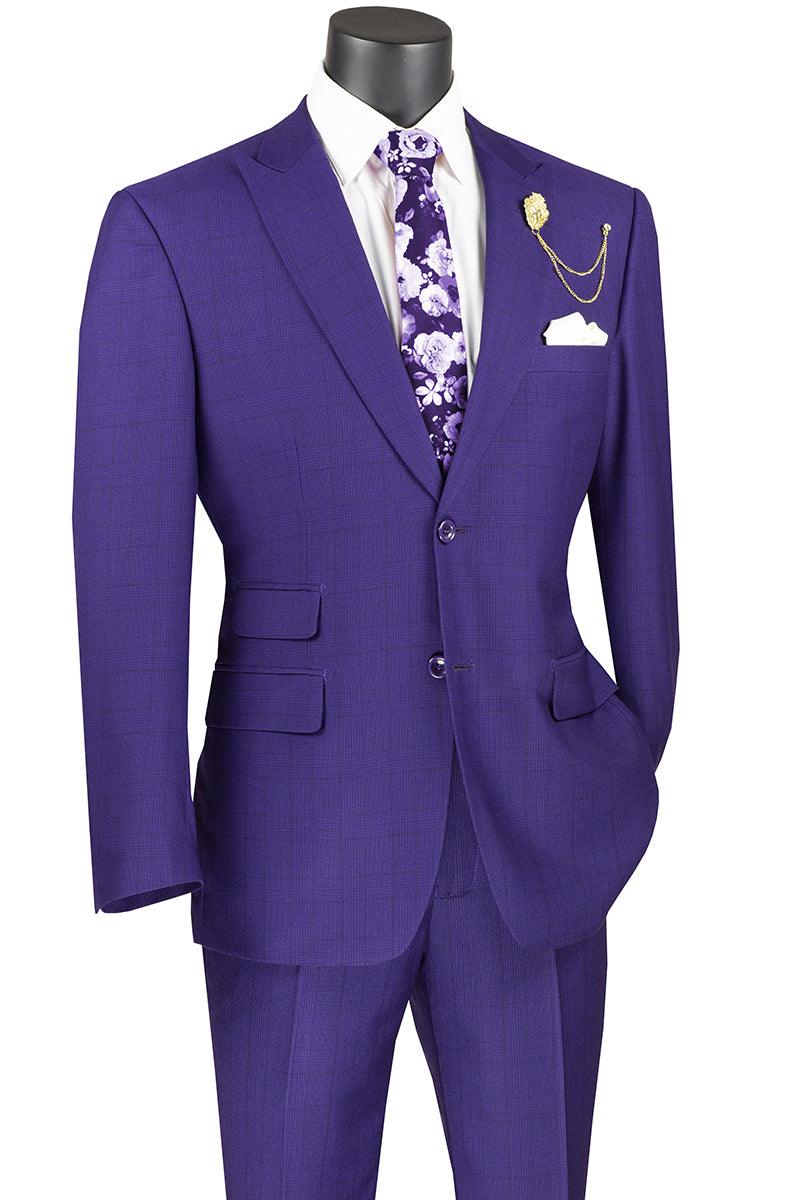 Vinci Men's 2-Btn Suit w/ Purple Plaid & Modern Fit Peak Lapel - Elegant Mensattire