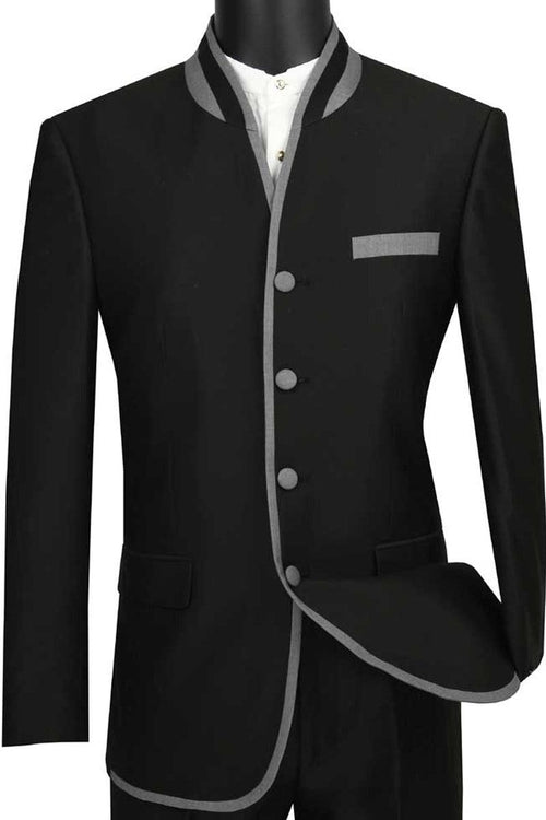Vinci Men's 4-Button Mandarin Banded Tuxedo - Black - Elegant Mensattire