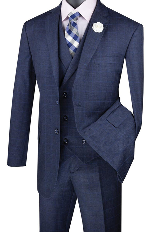 Vinci Men's Blue Plaid Suit: 2-Btn Double-Breast Vest - Elegant Mensattire