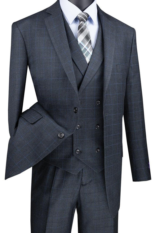 Vinci Men's Double-Breasted Plaid Suit Vest, Charcoal Grey - Elegant Mensattire