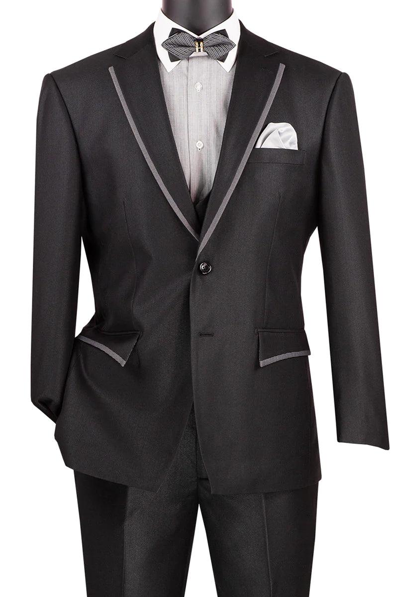 "Vinci Men's Double-Breasted Tuxedo + Vest—Modern-Fit, Satin-Trimmed Black Suit" - USA Men's Outlet – SuitUSA