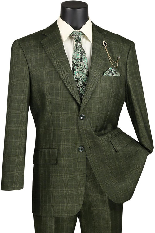 Vinci Men's Plaid 2-Button Windowpane Vested Suit w/Peak Lapel - Olive - Elegant Mensattire