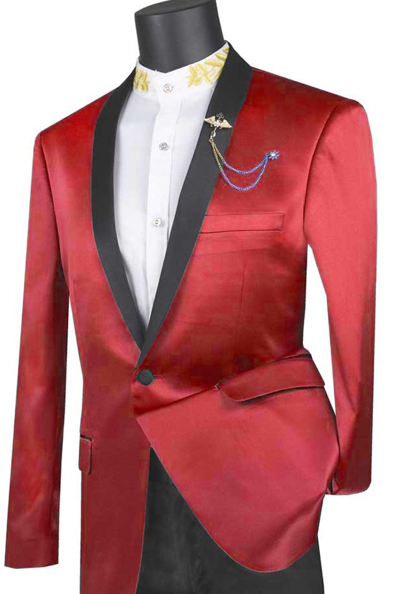 Vinci Men's Red Shiny Satin Tuxedo Jacket, Slim Fit, Single Button. - Elegant Mensattire – SuitUSA