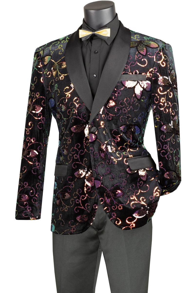 Vinci Men's Slim Fit Black Floral Sequin Paisley Prom Dinner Jacket - Elegant Mensattire
