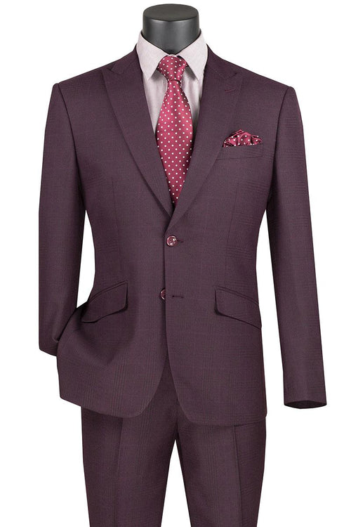 Vinci Mens 2-Button Plaid Suit, Modern Fit w/Peak Lapels - Burgundy - Elegant Mensattire