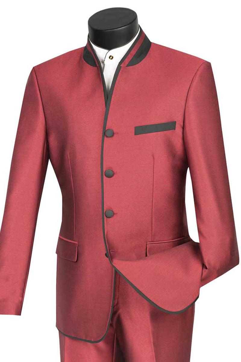 Vinci Mens 4-Btn Burgundy Mandarin Banded Tuxedo Trim - Elegant Mensattire – SuitUSA