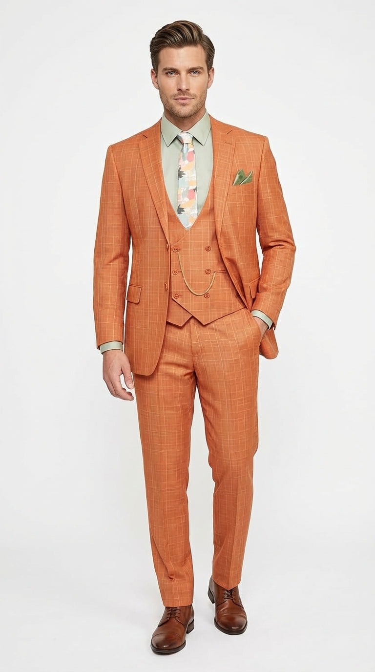 Vinci Mens Orange Three Piece Suit – Orange Windowpane Plaid 3PC Formal Suit for Wedding, Church and Business Holloween Color – SuitUSA