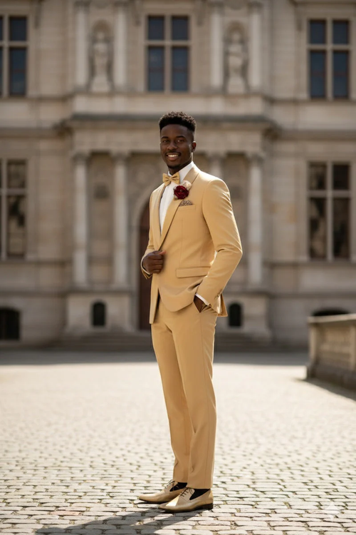 Light Gold Shawl Lapel Tuxedo by Spectrum β Elegant 3-Piece Formal Wear