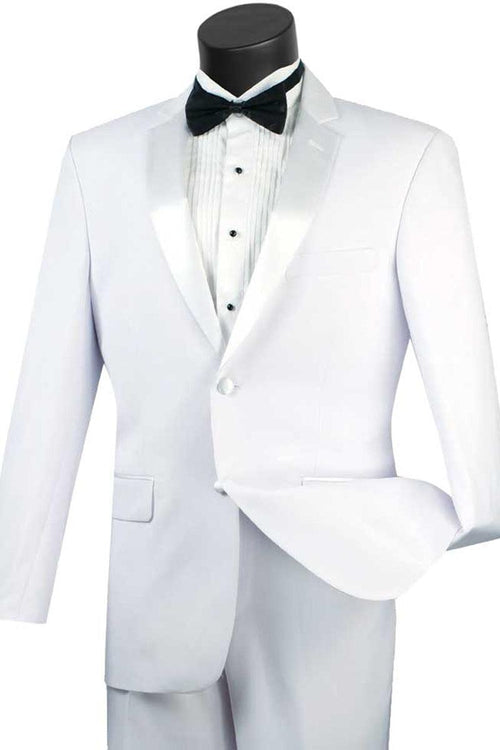 "Vinci White Slim Fit Notch Tuxedo: 2-Button Elegance" - Elegant Mensattire