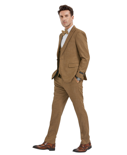Mens Mocca Brown Taupe textured 1920s Great Gatsby Inspired Suit – Vintage Three Piece Retro Formal Suit Peak Lapel