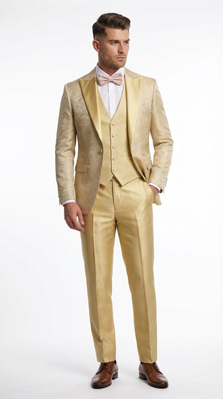 Vitali Mens Yellow Gold Designer Tuxedo Suit Set – Luxury Wedding Prom Formal Tuxedo with Vest Bow Tie in Champaign Color – SuitUSA