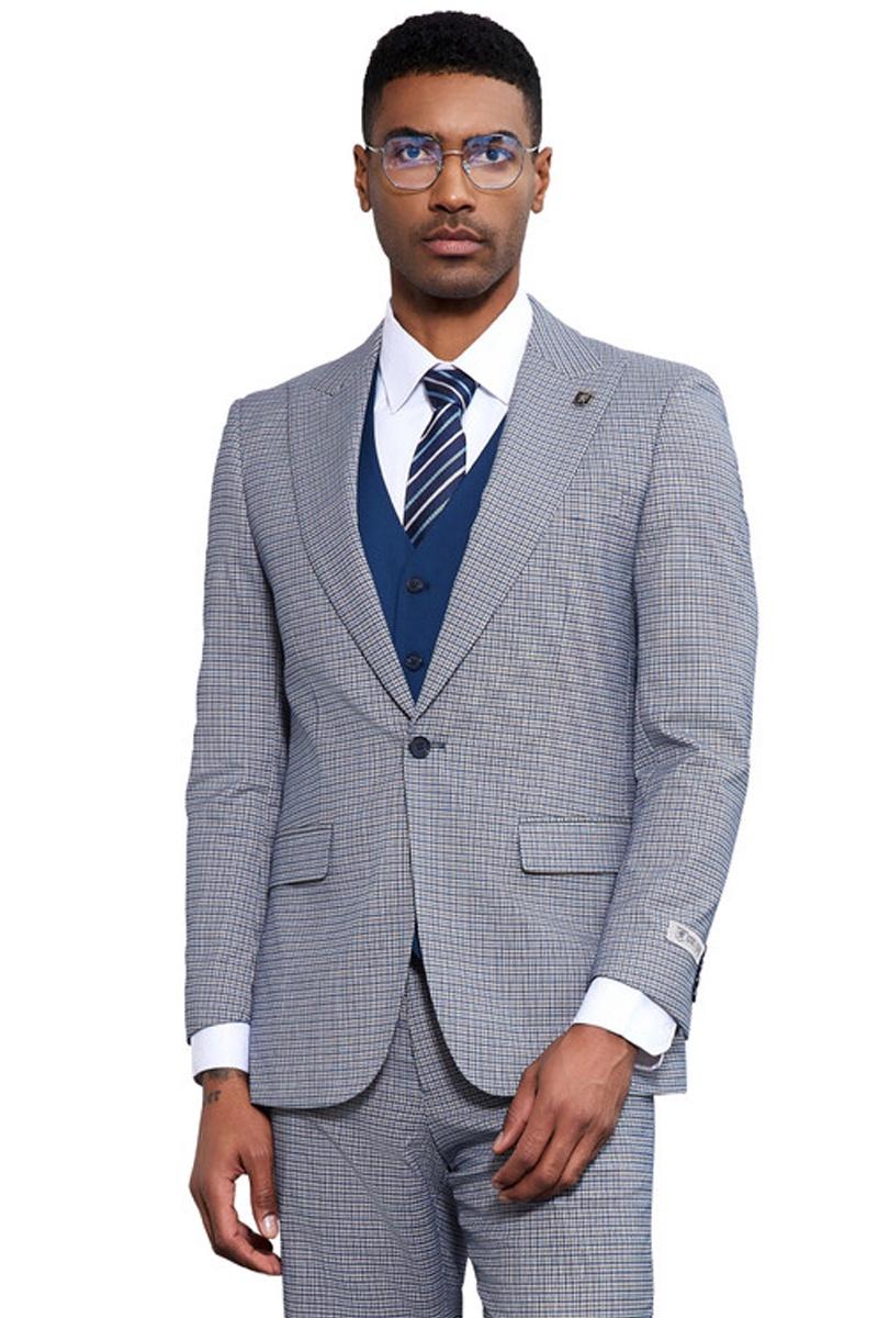 Men's Stacy Adams One Button Peak Lapel Vested Micro Check in Light Blue with a French Blue Vest – SuitUSA