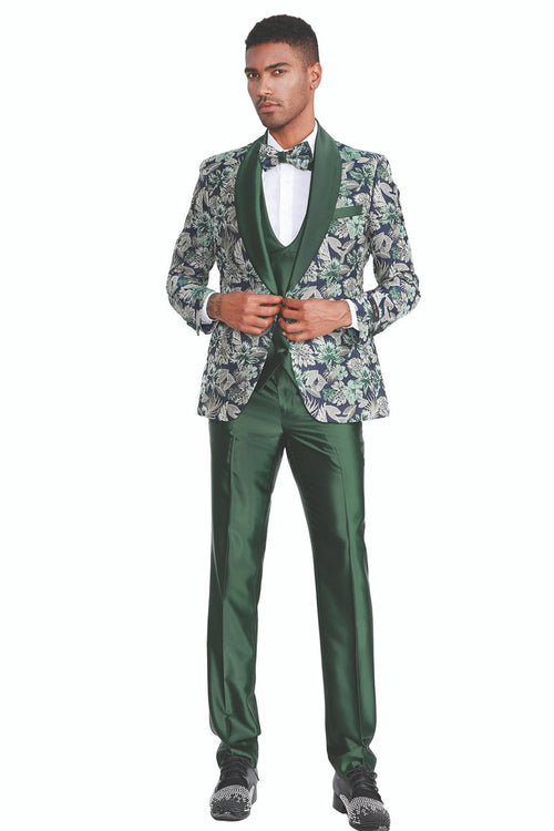 Men's Slim Fit Paisley Shawl Lapel Tuxedo - One Button Vested Prom Suit in Hunter Green by Tazzio