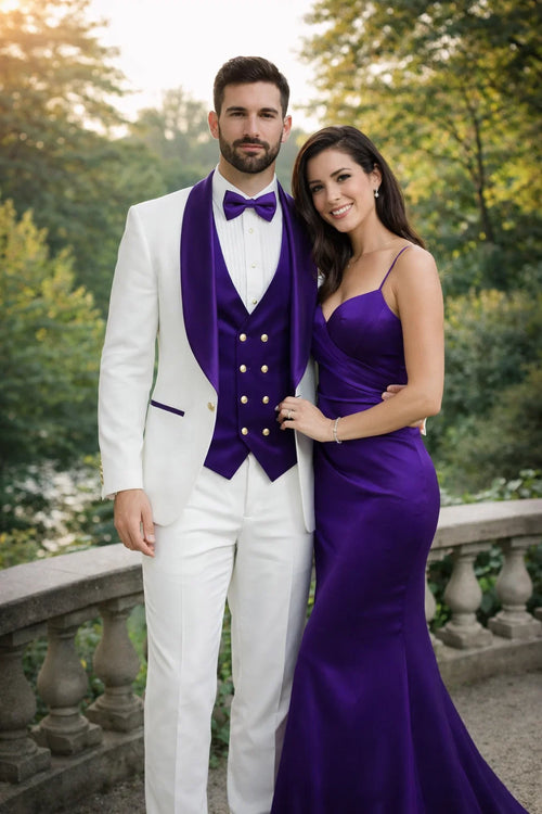 Wedding Tuxedo - Groom Suit - White And Purple Prom Suit
