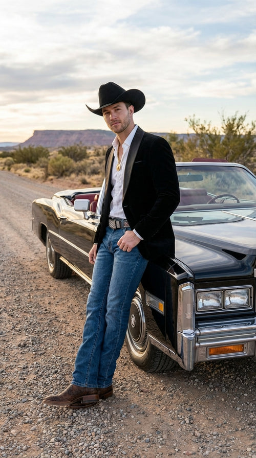 Mens Black Velvet Cowboy Blazer β Western Formal Jacket with Satin Lapel