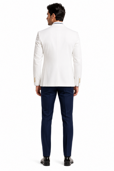 White and Navy Blue Tuxedo Wedding Suit - White Dinner Jacket + Vest + Pants + Bow-tie by USA Men's Outlet