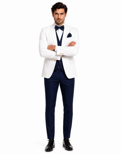 White and Navy Blue Tuxedo Wedding Suit - White Dinner Jacket + Vest + Pants + Bow-tie by USA Men's Outlet