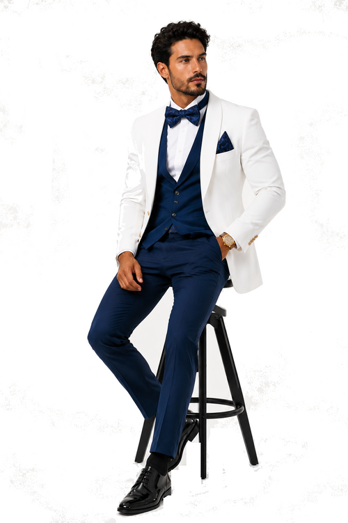 White and Navy Blue Tuxedo Wedding Suit - White Dinner Jacket + Vest + Pants + Bow-tie by USA Men's Outlet