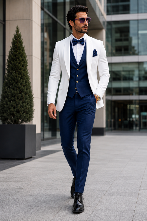 White and Navy Blue Tuxedo Wedding Suit - White Dinner Jacket + Vest + Pants + Bow-tie by USA Men's Outlet