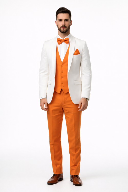 White and Orange Tuxedo Wedding Suit - White Dinner Jacket + Vest + Pants + Bow-tie