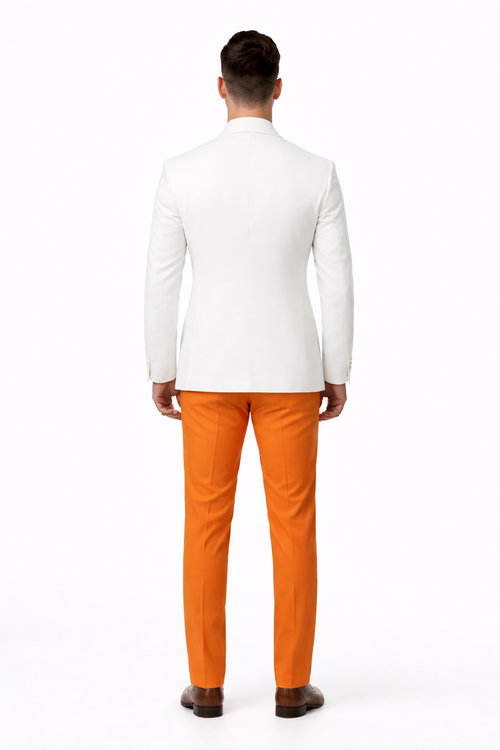 White and Orange Tuxedo Wedding Suit - White Dinner Jacket + Vest + Pants + Bow-tie