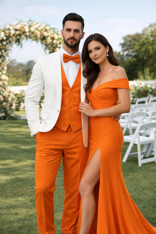 White and Orange Tuxedo Wedding Suit - White Dinner Jacket + Vest + Pants + Bow-tie