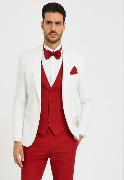 White and Red Tuxedo Wedding Suit - White Dinner Jacket + Vest + Pants + Bow-tie