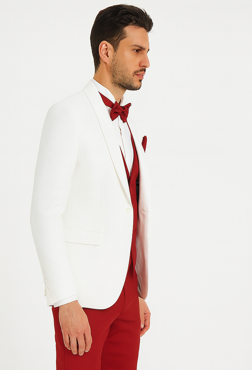White and Red Tuxedo Wedding Suit - White Dinner Jacket + Vest + Pants + Bow-tie